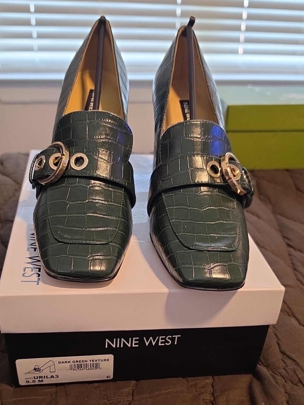 Nine West Dark Green Croc-Embossed Loafers with Gold Buckle. Heel Height 3 1/2